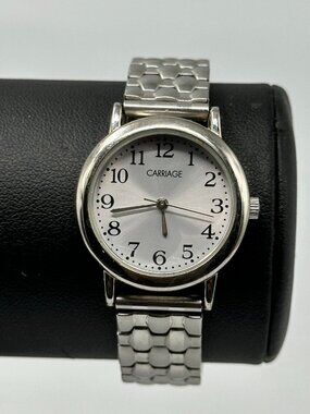 3/$30 Carriage Watch Women Silver Tone 27MM Round Dial Stretch Band New Battery